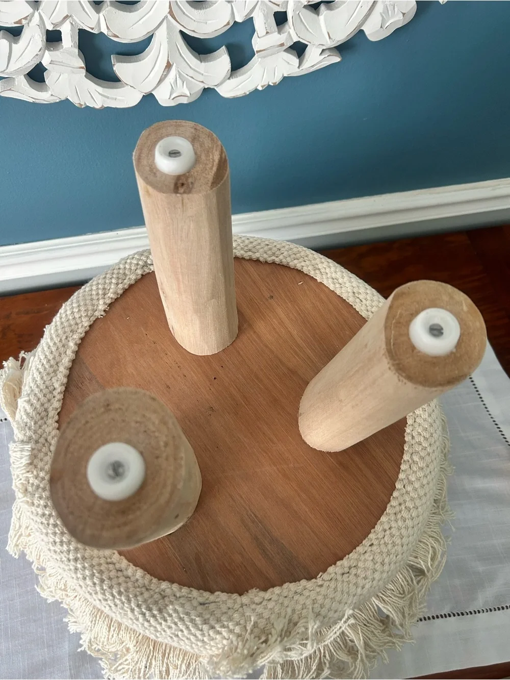 Like New Boho Woven Fringe Accent Stool Pouf in Cream and Brown